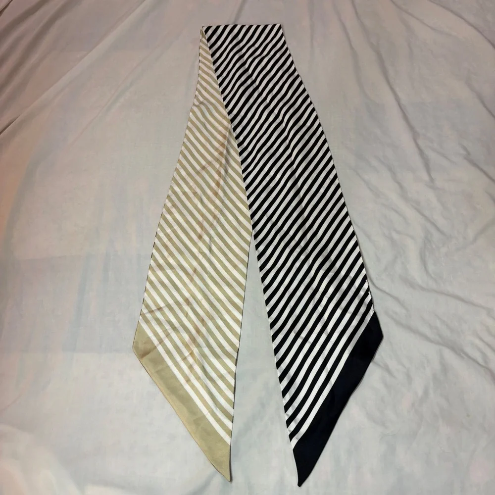 Brooks Brothers 100% Silk Skinny Scarf Striped Black White Gold Made in Italy
